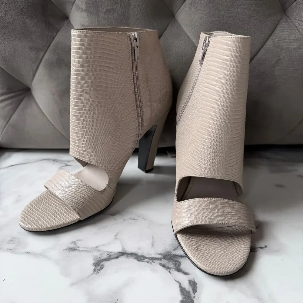 Vince Sansa Light Gray Taupe Leather Open Toe Bootie Heels Size 9.5